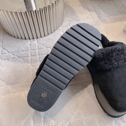 CELINE 25S DANA WEDGE MULE 70MM IN BLACK SUEDE CALFSKIN AND SHEARLING
