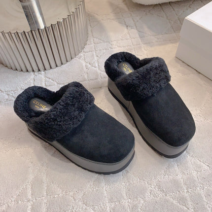 CELINE 25S DANA WEDGE MULE 70MM IN BLACK SUEDE CALFSKIN AND SHEARLING