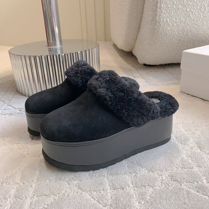 CELINE 25S DANA WEDGE MULE 70MM IN BLACK SUEDE CALFSKIN AND SHEARLING