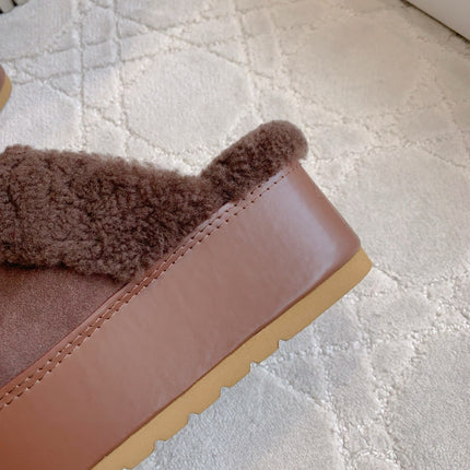 CELINE 25S DANA WEDGE MULE 70MM IN DARK BROWN SUEDE CALFSKIN AND SHEARLING