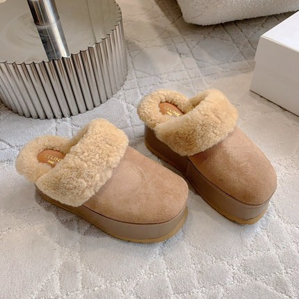 CELINE 25S DANA WEDGE MULE 70MM IN LIGHT BROWN SUEDE CALFSKIN AND SHEARLING