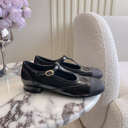 CHANEL 25S MARY JANE IN BLACK FULL CALFSKIN AND CANVAS GOLD HARDWARE