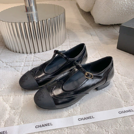 CHANEL 25S MARY JANE IN BLACK FULL CALFSKIN AND CANVAS GOLD HARDWARE