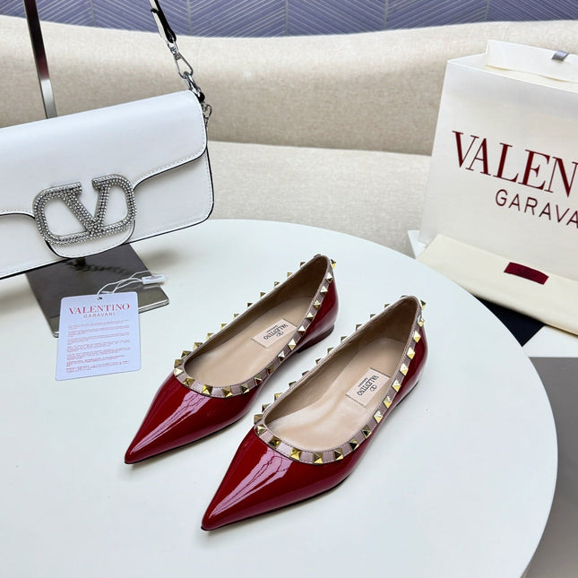 ROCKSTUD FLAT PUMP IN BERRY RED CALFSKIN