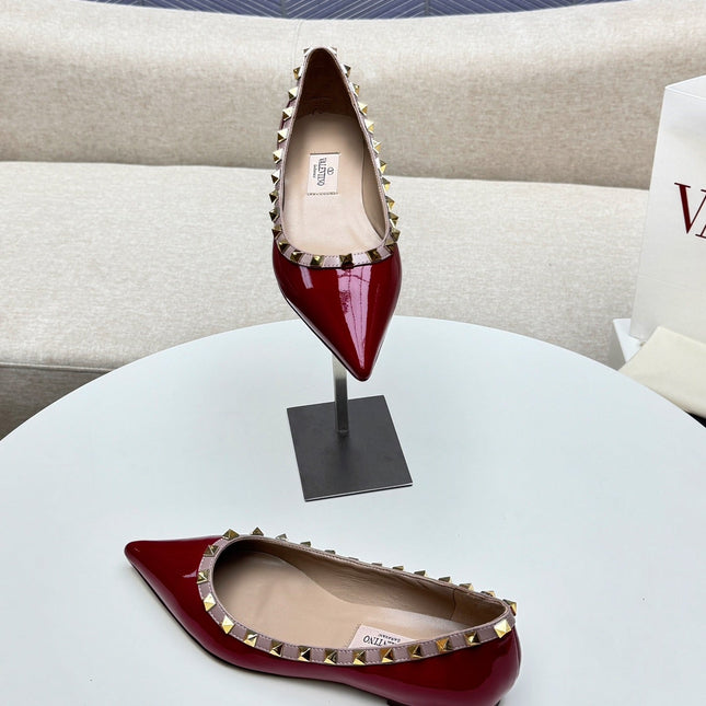 ROCKSTUD FLAT PUMP IN BERRY RED CALFSKIN