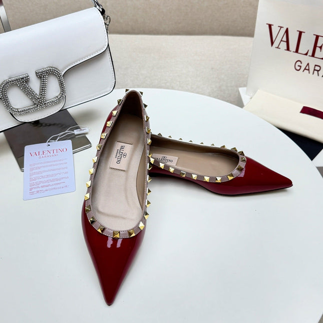 ROCKSTUD FLAT PUMP IN BERRY RED CALFSKIN