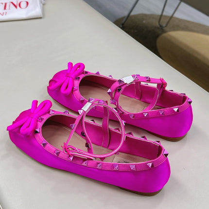 VALEN GARAVANI ROCKSTUD BALLERINAS IN HOT PINK SATIN