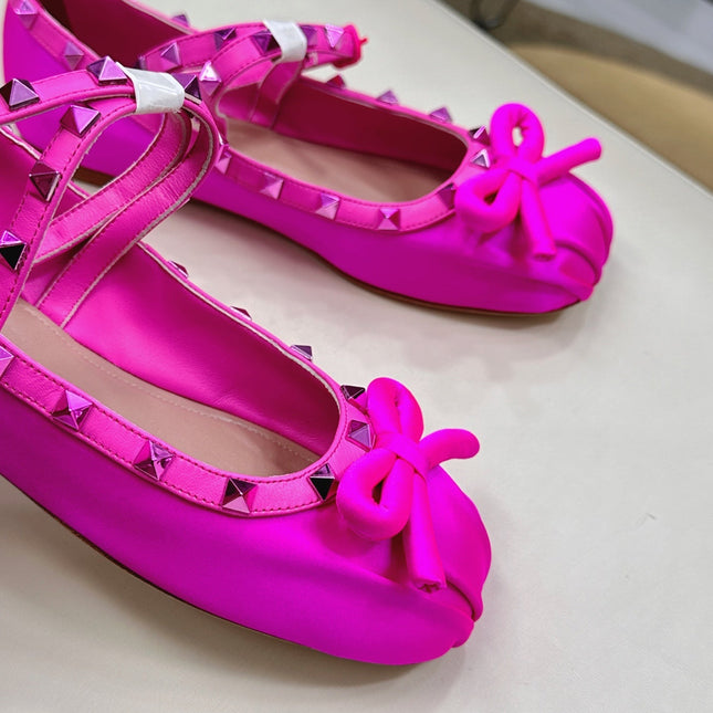 VALEN GARAVANI ROCKSTUD BALLERINAS IN HOT PINK SATIN