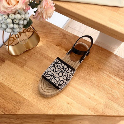 Loew Anagram Black White Beige Leather And Canvas Espadrille Sandals