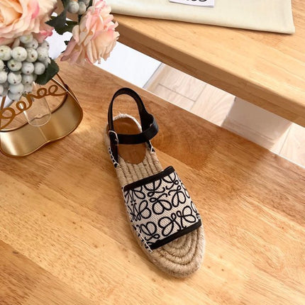 Loew Anagram Black White Beige Leather And Canvas Espadrille Sandals
