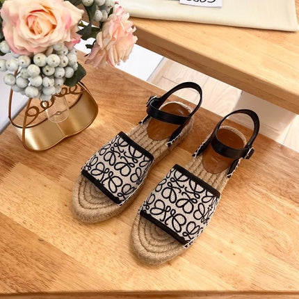 Loew Anagram Black White Beige Leather And Canvas Espadrille Sandals