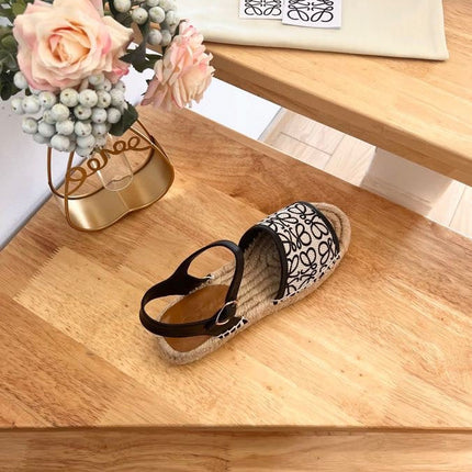 Loew Anagram Black White Beige Leather And Canvas Espadrille Sandals