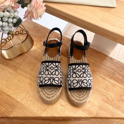 Loew Anagram Black White Beige Leather And Canvas Espadrille Sandals