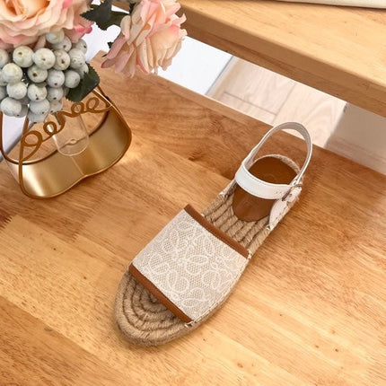 Loew Anagram White Tan Beige Leather And Canvas Espadrille Sandals