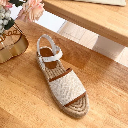 Loew Anagram White Tan Beige Leather And Canvas Espadrille Sandals