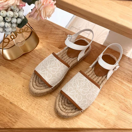 Loew Anagram White Tan Beige Leather And Canvas Espadrille Sandals
