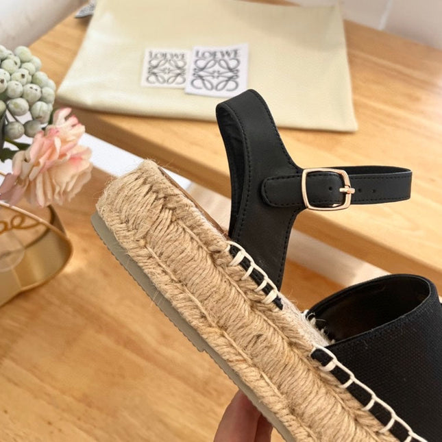 Loew Anagram Black Beige Leather And Canvas Espadrille Sandals