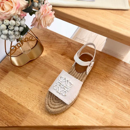 Loew Anagram White Beige Leather And Canvas Espadrille Sandals