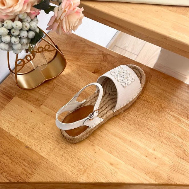 Loew Anagram White Beige Leather And Canvas Espadrille Sandals