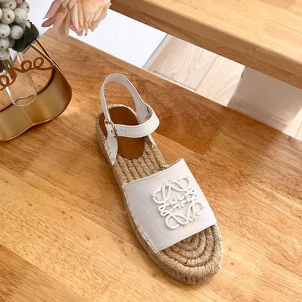Loew Anagram White Beige Leather And Canvas Espadrille Sandals