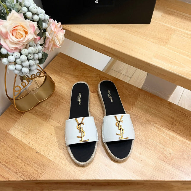 SL YVES LOGO SLIPPER BLACK AND WHITE CALFSKIN