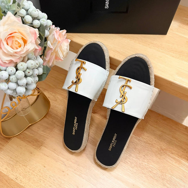 SL YVES LOGO SLIPPER BLACK AND WHITE CALFSKIN
