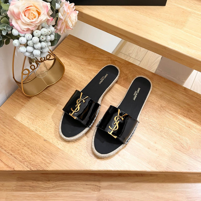 SL YVES LOGO SLIPPER BLACK CALFSKIN