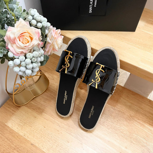 SL YVES LOGO SLIPPER BLACK CALFSKIN