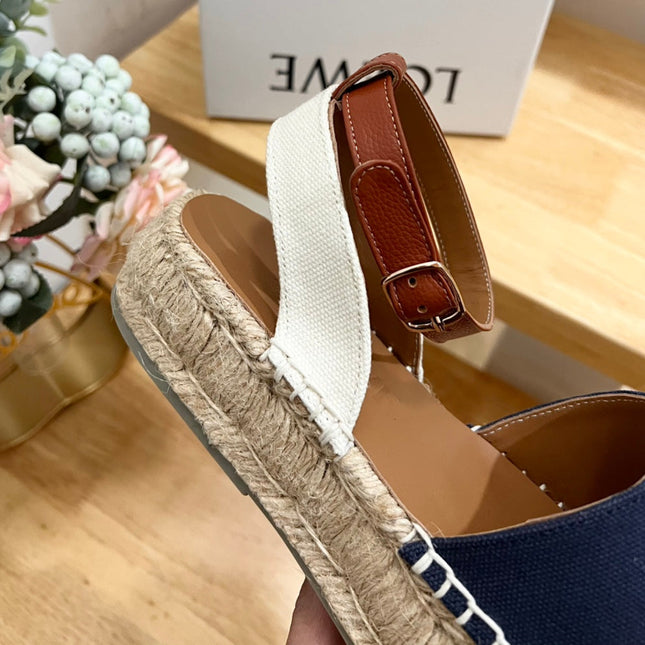 Loew Anagram Denim Brown Leather And Canvas Espadrille Sandals