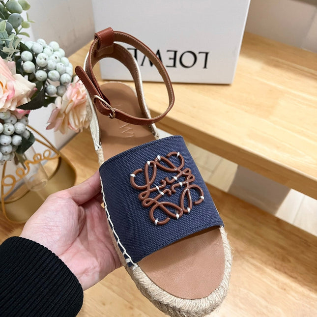 Loew Anagram Denim Brown Leather And Canvas Espadrille Sandals