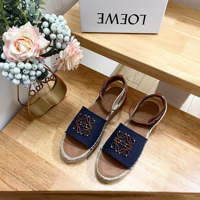 Loew Anagram Denim Brown Leather And Canvas Espadrille Sandals