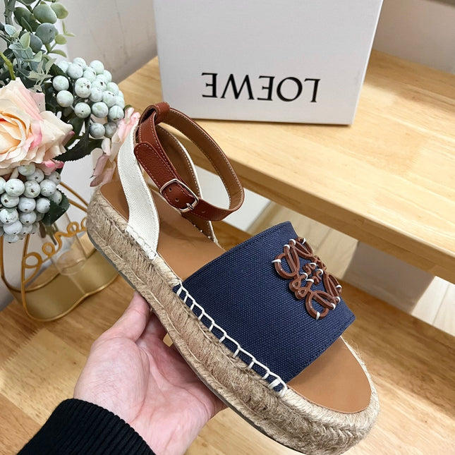 Loew Anagram Denim Brown Leather And Canvas Espadrille Sandals