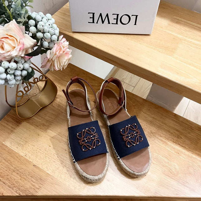 Loew Anagram Denim Brown Leather And Canvas Espadrille Sandals