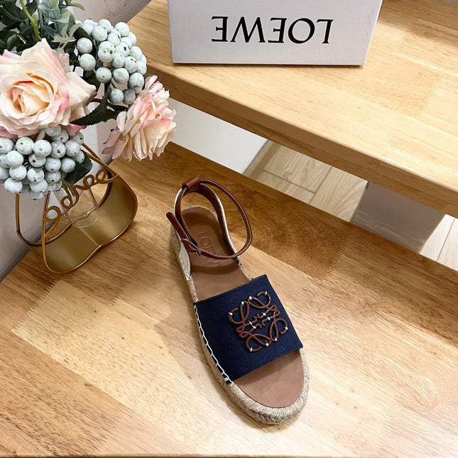 Loew Anagram Denim Brown Leather And Canvas Espadrille Sandals