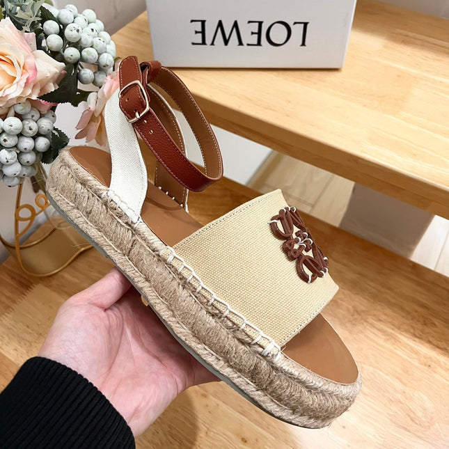 Loew Anagram Beige Brown Leather And Canvas Espadrille Sandals