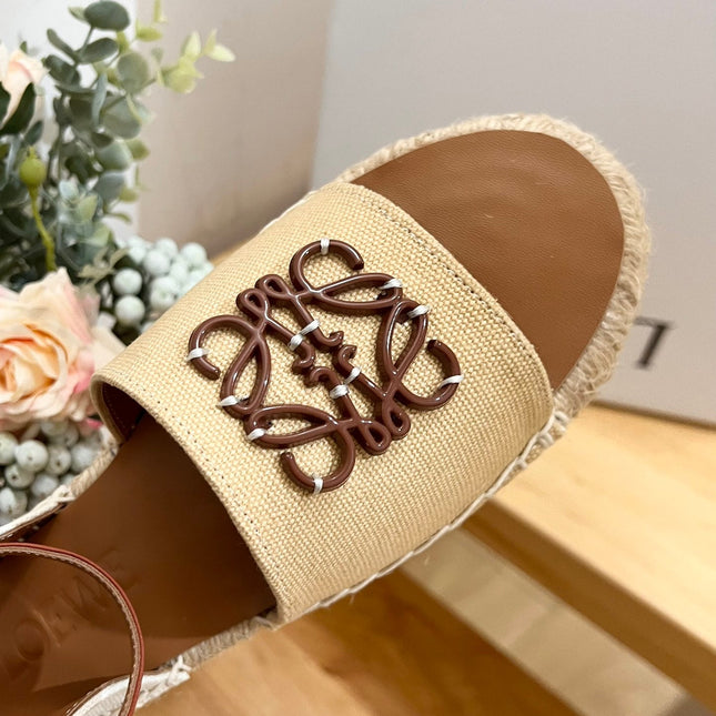 Loew Anagram Beige Brown Leather And Canvas Espadrille Sandals