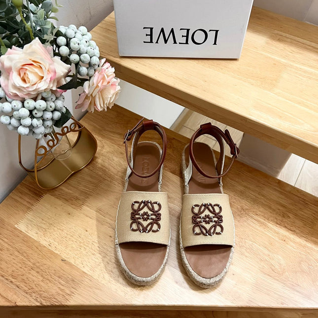 Loew Anagram Beige Brown Leather And Canvas Espadrille Sandals