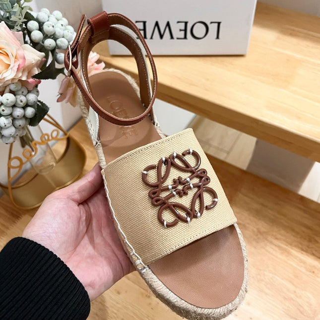 Loew Anagram Beige Brown Leather And Canvas Espadrille Sandals