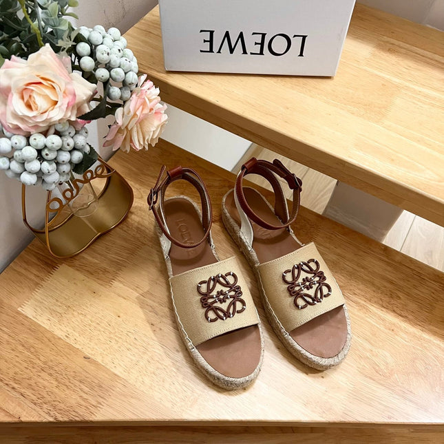 Loew Anagram Beige Brown Leather And Canvas Espadrille Sandals
