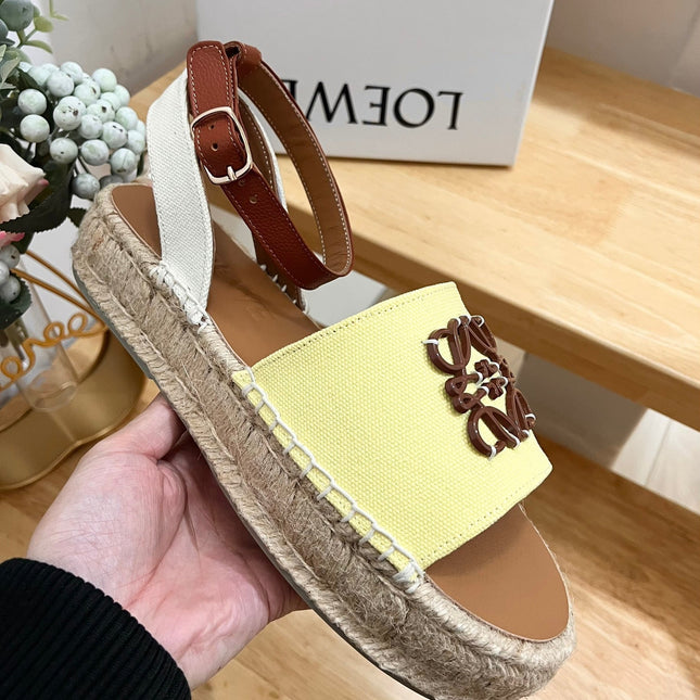 Loew Anagram Yellow Brown Leather And Canvas Espadrille Sandals