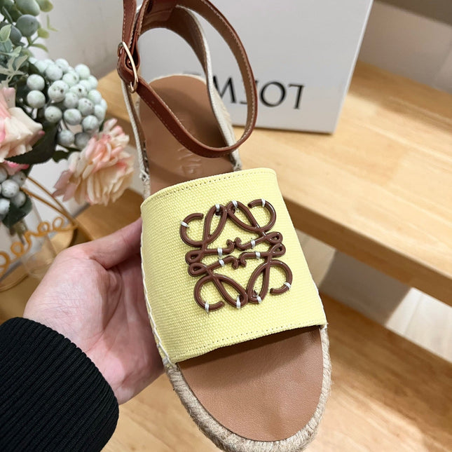 Loew Anagram Yellow Brown Leather And Canvas Espadrille Sandals
