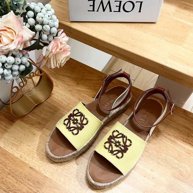 Loew Anagram Yellow Brown Leather And Canvas Espadrille Sandals