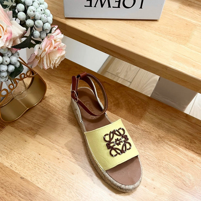 Loew Anagram Yellow Brown Leather And Canvas Espadrille Sandals