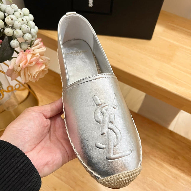 SL YVES EMBOSSED LOGO SLIP ON SILVER CALFSKIN