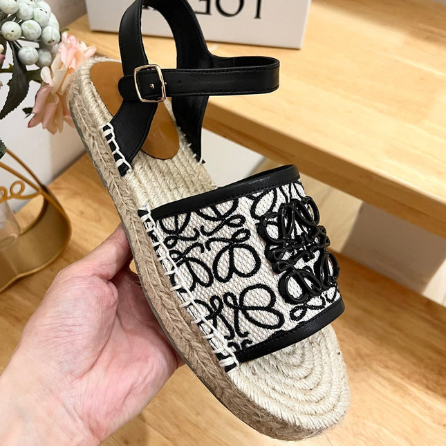 Loew Anagram Black logo White Black Beige Leather And Canvas Espadrille Sandals