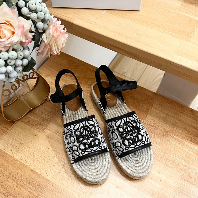 Loew Anagram Black logo White Black Beige Leather And Canvas Espadrille Sandals
