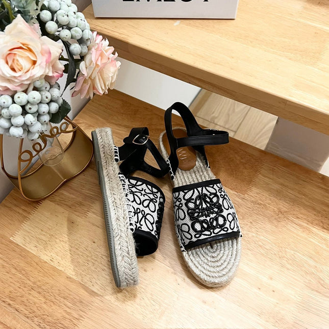 Loew Anagram Black logo White Black Beige Leather And Canvas Espadrille Sandals