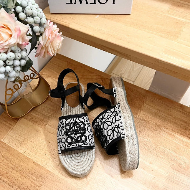 Loew Anagram Black logo White Black Beige Leather And Canvas Espadrille Sandals