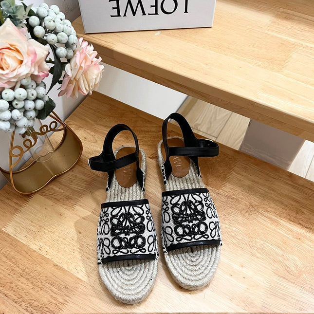 Loew Anagram Black logo White Black Beige Leather And Canvas Espadrille Sandals