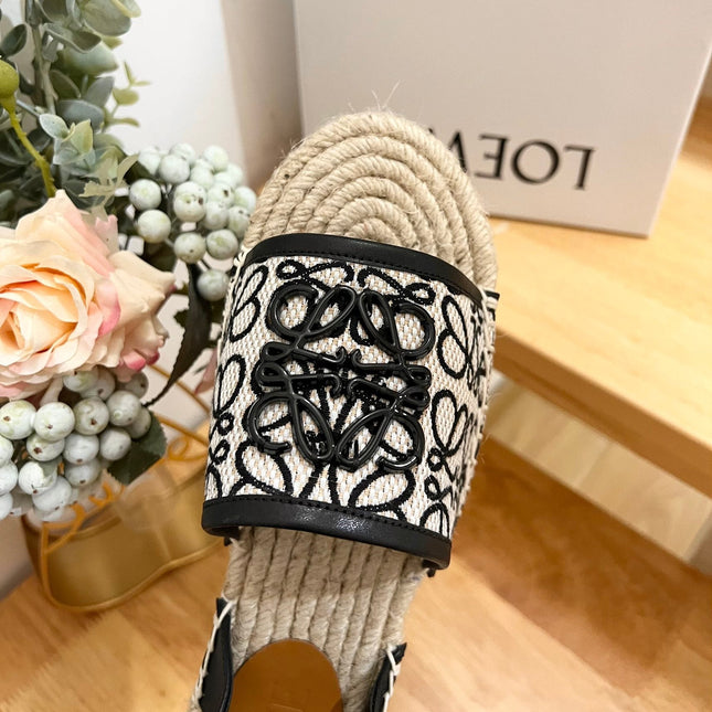 Loew Anagram Black logo White Black Beige Leather And Canvas Espadrille Sandals
